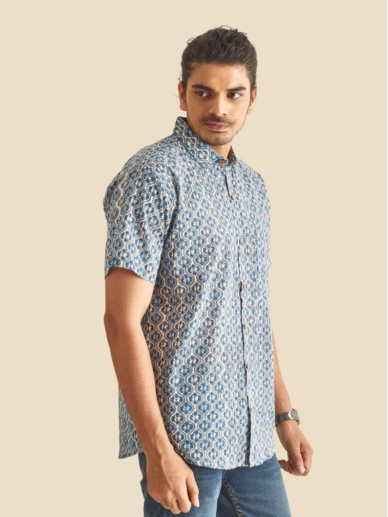 Blue and White Ethnic Block Printed Holiday Halfsleeves Cotton Shirt-M