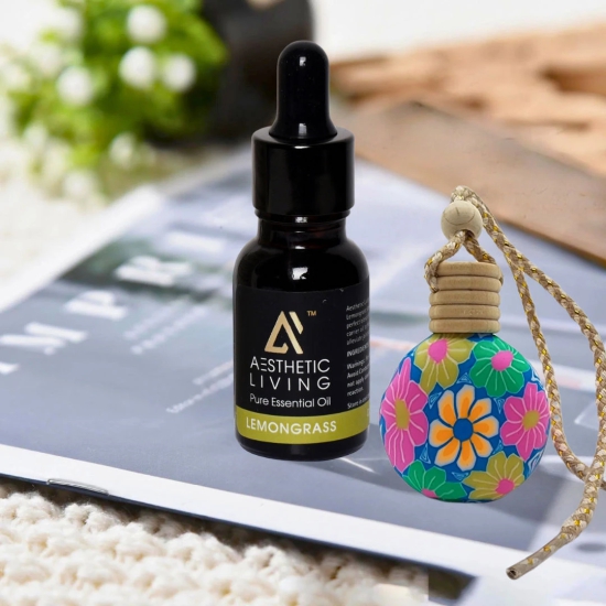 Aesthetic Living Car Aromatizer/ Diffuser Bottle with Essential Oil (Vase Shape-15 ml+ Lemongrass Essential Oil, 15 ml)