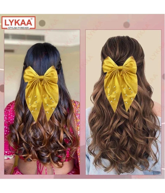 Lykaa Large Satin Hair Bow with Pearls Longtail Clips Hair Accessories for Women -1 Pcs (Multicolor) - Mustard