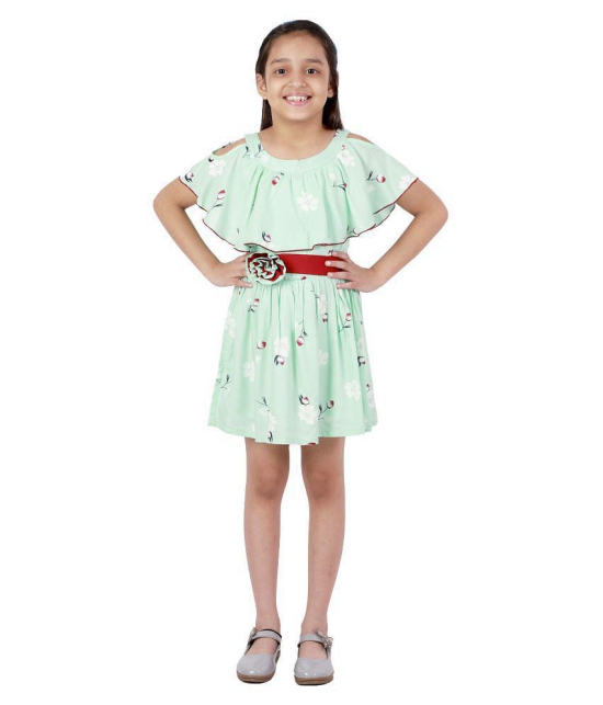 Kids Cave Dress For Girls Fit And Flare Cut-Out Frill Shoulder Round Neck Knee Length Red Waist Belt With Flower Fabric Rayon (Color Light Green Size 3-12 Years) - None