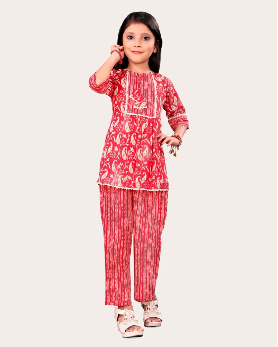 Girls Casual Kurta and Trouser Set-Red / 7 - 8 Years