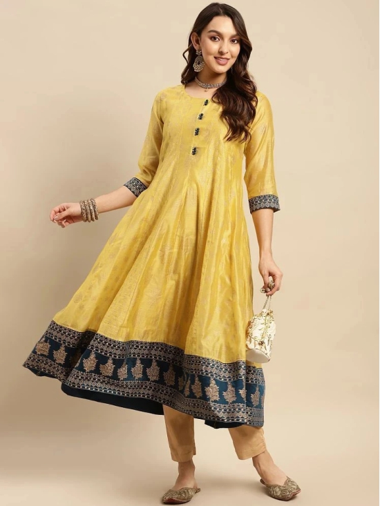 Rangita Women Chanderi Yellow Gold Printed Calf Length Kalidar Kurti With Contrast Border At Bottom Hem - None