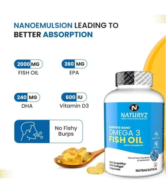 NATURYZ BURPFREE OMEGA 3 Fish Oil 2000 Mg with Vitamin D3 for Skin, Eyes, Heart & Brain -50 Softgels