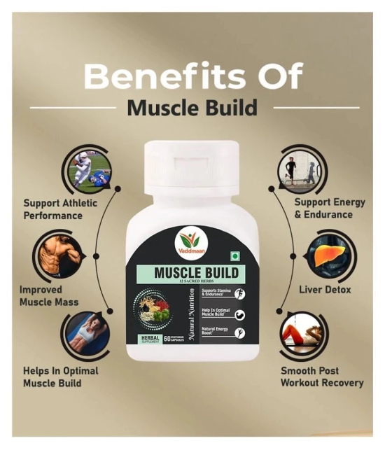 Vaddmaan MUSCLE BUILD - 12 Ayurvedic Herbs for Muscle Gain, Recovery, Mass and Improved Athletic body performance | 60 Capsules (Pack 1)