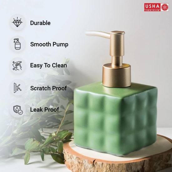 USHA SHRIRAM Ceramic Soap Dispenser Set, 220ml, Green, for Kitchen Sink/Bathroom.-USHA SHRIRAM Ceramic Soap & Lotion Dispenser Set, 220 ml, Green, for Kitchen Sink & Bathroom.