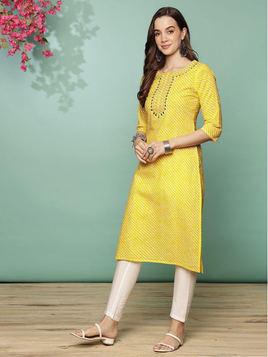 Rangita Women Cotton Yellow Embroidered Calf Length Straight Kurti With Pants - None