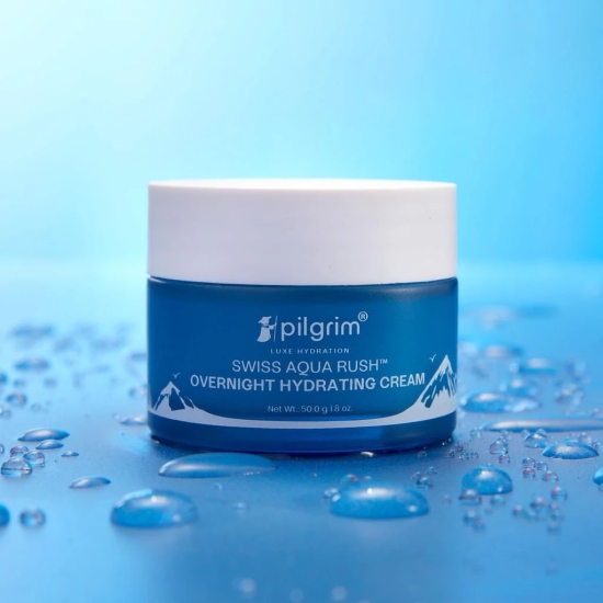 Pilgrim Swiss Aqua Rush? Overnight Hydrating Face Cream| Crafted with powerful hydrators- Swiss Aqua Rush?, Aquaxyl? & Ceramides | Overnight Intense Hydration | Fortifies skin barrier | 50g