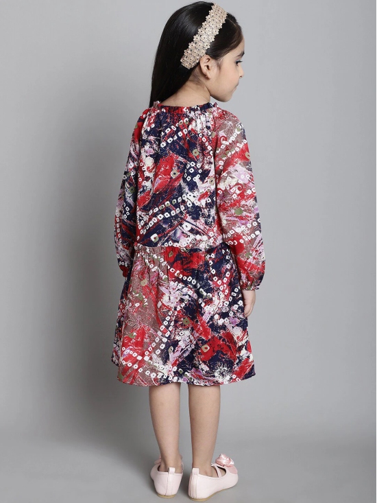 MINI & MING Girls Floral Print Tie-Up Neck Puff Sleeve Crepe Fit & Flare Dress