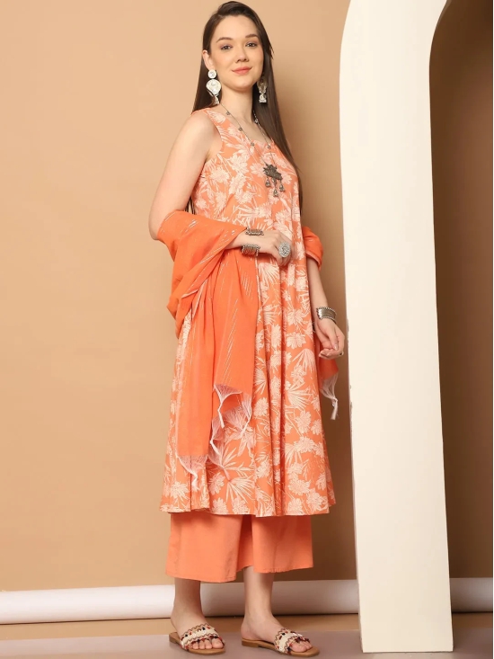 Printed orange flared kurta pallazos dupatta set-S / Orange