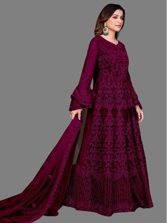 Apnisha Wine Flared Net Womens Semi Stitched Ethnic Gown ( Pack of 1 ) - None