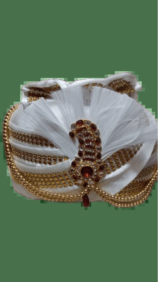 White Wedding Turban with Gold and Maroon Embellishment