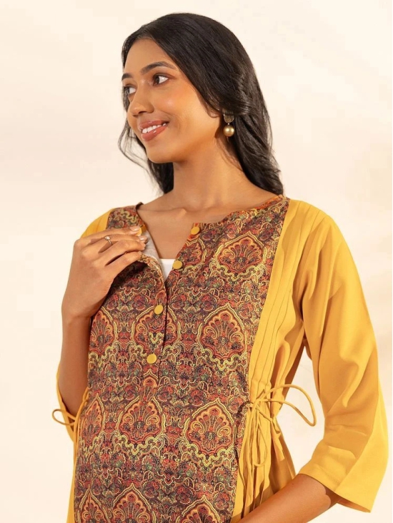 Janasya Crepe Printed Flared Womens Kurti - Mustard ( Pack of 1 ) - None