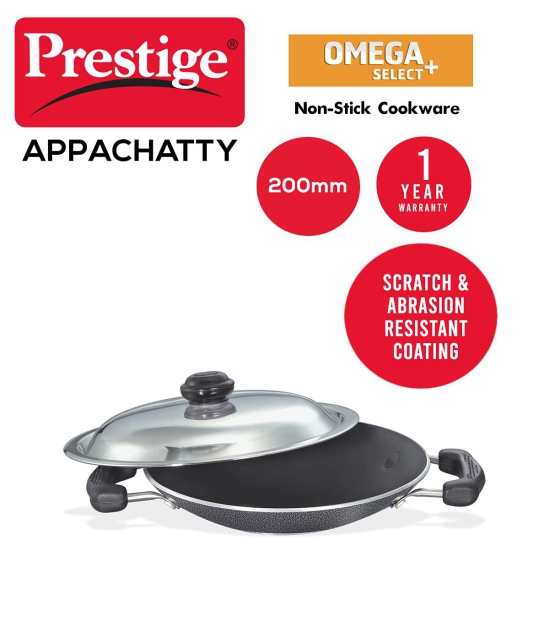 Prestige Omega Select Plus Residue Free Non-Stick Deep Appachetty with Lid, 20cm (Aluminium, Black)