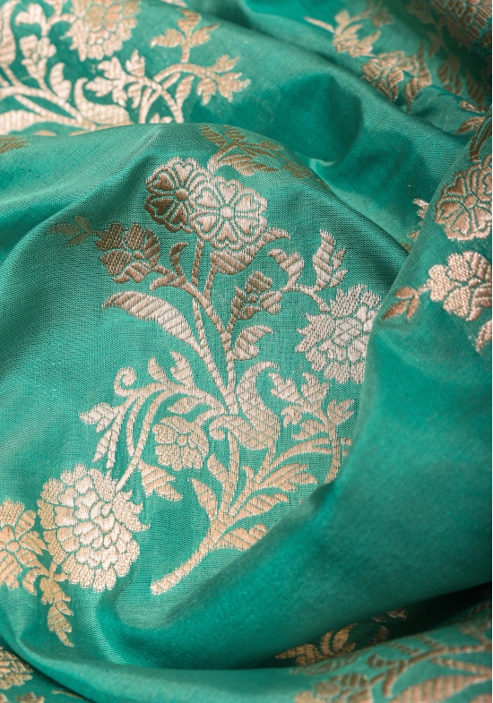 Cyan Banarasi Katan silk saree with leheria pattern and floral zari border | SILK MARK CERTIFIED