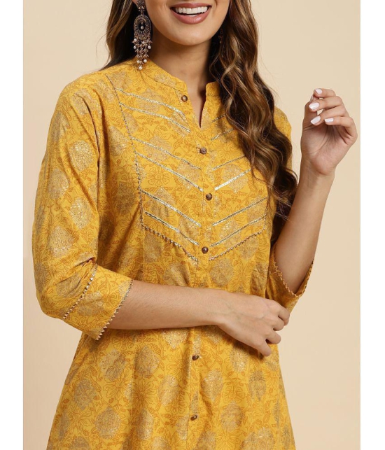 Rangita Women Cotton Yellow Gold Printed Calf Length Kalidar Kurti - None