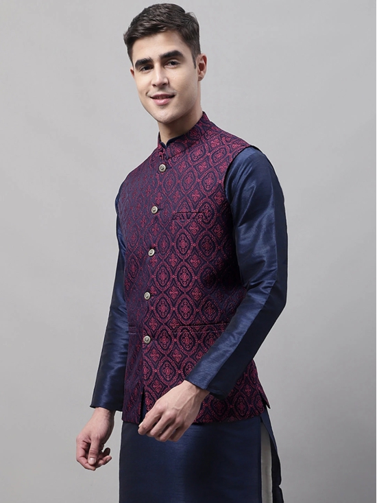 Men Navy Blue and Maroon Woven Design Waistcoats-S / Maroon