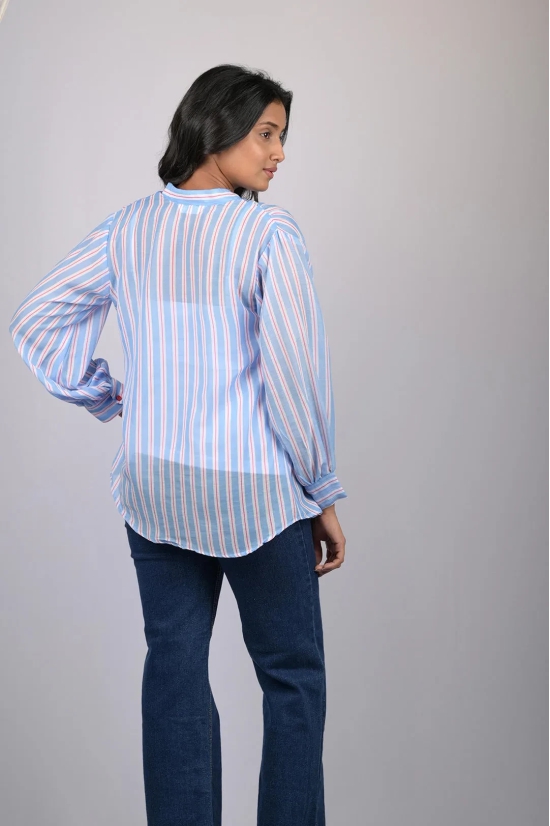 Chiffon top for women western wear stylish top trending Light Blue Striped Top With Long Sleeves (OTL-TPS1080)-Blue / L