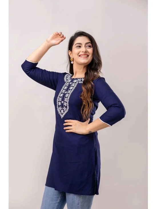 Frionkandy Rayon Embroidered Straight Womens Kurti - Navy ( Pack of 1 ) - None