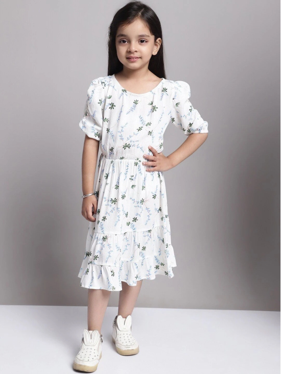 MINI & MING Girls Floral Print Puff Sleeve Fit & Flare Midi Dress