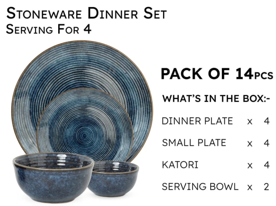 Handcrafted Stoneware Reactive Glaze Ceramic Dinner Set, 14 Pieces Serving for 4, Microwave and Dishwasher Safe, Bone-ash Free, Crockery Set for Dining and Gifting, Reactive Blue