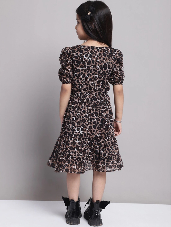 MINI & MING Girls Abstract Print Puff Sleeve Georgette Fit & Flare Midi Dress