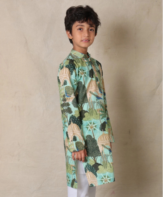 GREEN TEMPLE PRINTED PURE COTTON KURTA - GREEN-5-6 YEARS / 1N / GREEN