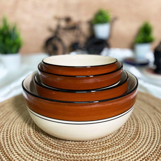 Ceramic Dining Royal Brown & White Handcrafted Ceramic Serving Bowls Set of 4 || Dinner Serving Bowls 1000ml, 700ml, 500ml, 300ml