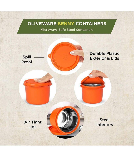 Oliveware Benny Microwave Containers with Lid ,Stainless Steel to Store Food in Plastic Free Container (Black, Set of 2 - 600ml) - Orange