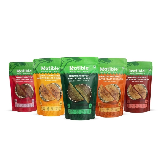 Natible Sprouted Protein & Millet Chilla Dosa Mix, Thai Chilli, Achari, Peri Peri, Beetroot & Spinach Flavour, Pack of 5. 200Gram Each