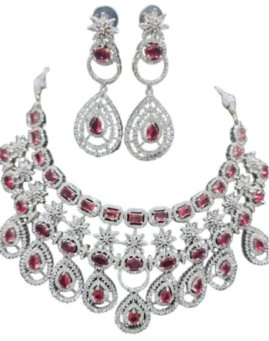 American Diamond and Ruby Necklace Set in Silver