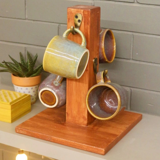 BARISH - Mug Holder (4 Mugs) | Table Top Wooden Cup Holder with 4 Hooks | Handcrafted with Rubberwood | Stand for Coffee Mugs