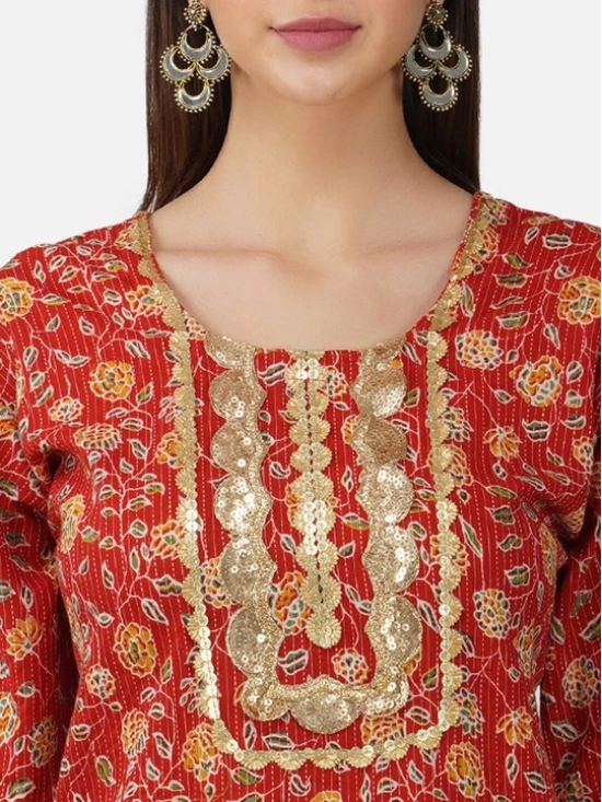 Women Floral Printed Sequinned Bell Sleeve Pure Cotton Kurta with Sharara