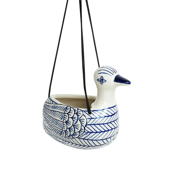 Indigo Chevron Duck Handpainted Ceramic Hanging Planter Pot (6 Inch)