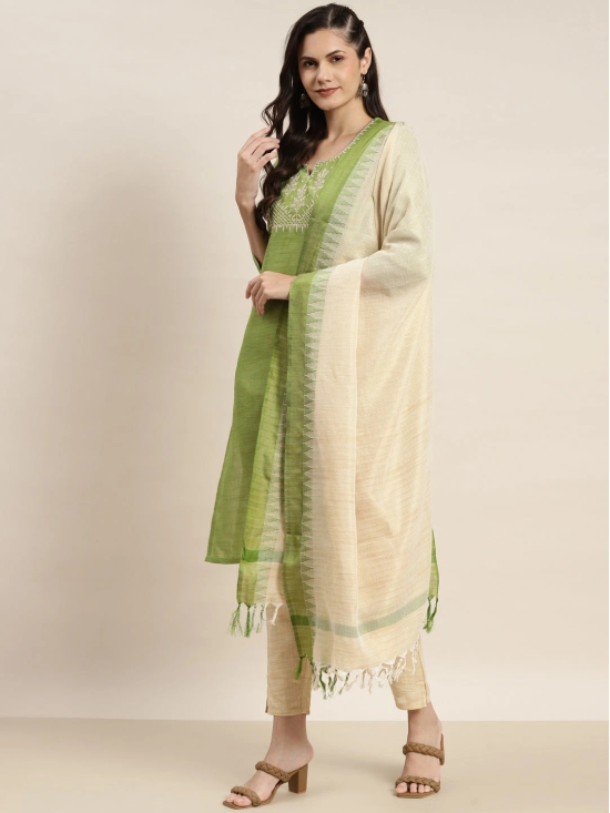 Yoke Design Cotton Women Silk Kurta with Trousers & Dupatta-XXL / Green