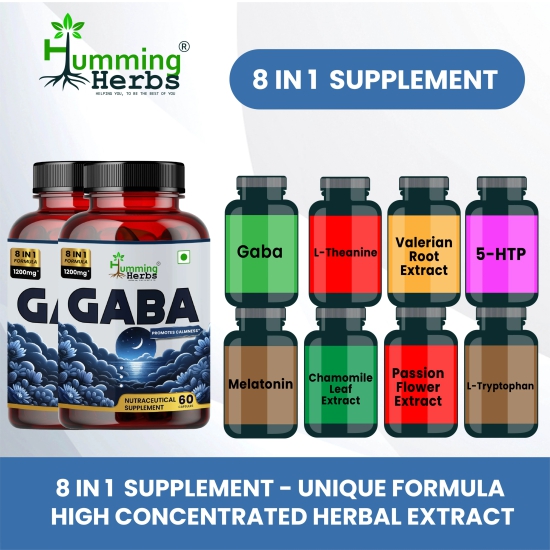 Humming Herbs GABA Calm Support - Natural Sleep Aid, Stress Relief, Mood Enhancer with L-Theanine, Valerian, Chamomile, Passionflower, Melatonin - Non Habit Forming - 60 Capsules - Pack of 2