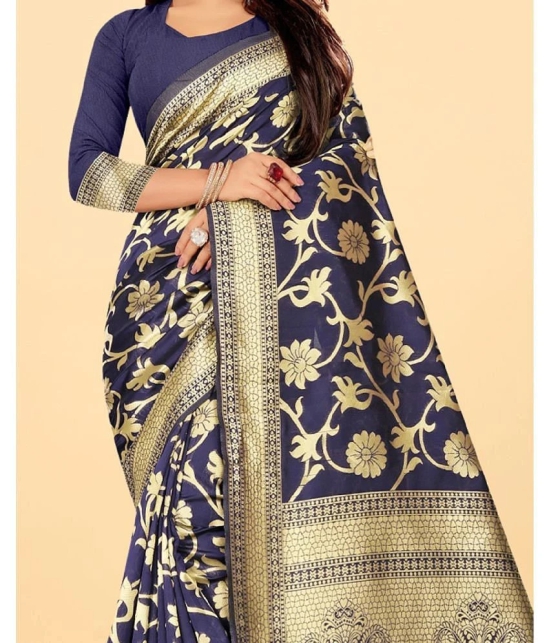 Gazal Fashions - Navy Blue Banarasi Silk Saree With Blouse Piece ( Pack of 1 ) - Navy Blue