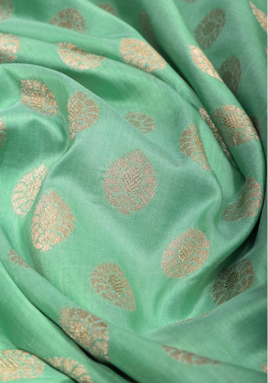 Banarasi Katan Silk Saree in Mint Green and Gold with Zari Motifs | SILK MARK CERTIFIED