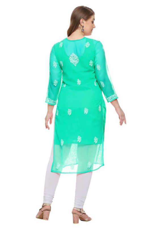 Lavangi Women Lucknow Chikankari Sea Green Georgette Kurti with Matching Cotton Inner