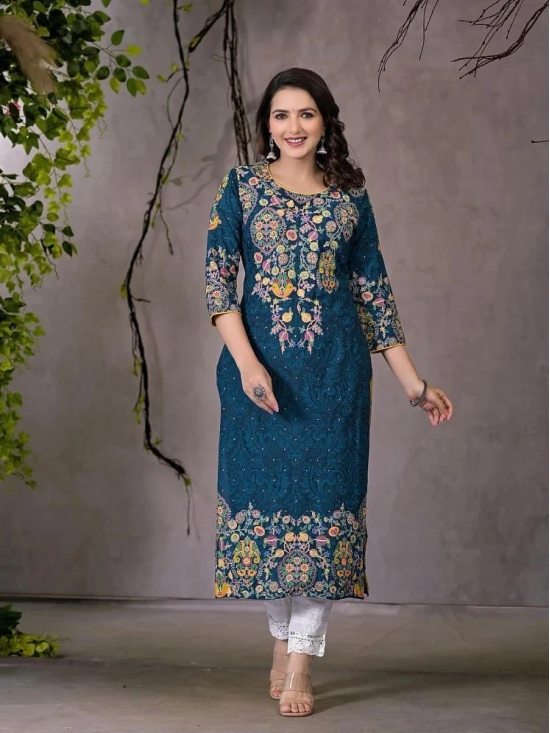 Juniper Rayon Embroidered Straight Womens Kurti - Navy Blue ( Pack of 1 ) - None