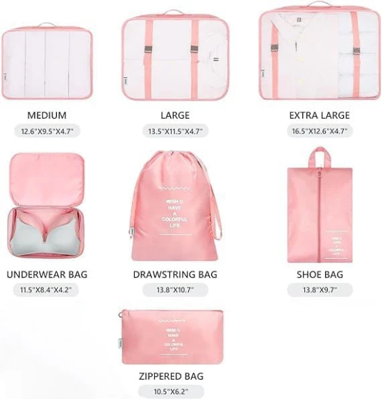 KATHIYAWADI Travel Organizer Packing Cubes Toiletry Bag Laundry Organiser Makeup Bags Shoe Bag for travel Clothes Space Savers Bags Lightweight Travel Luggage Organizers (7 in 1,Pink)