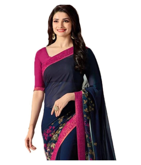 Gazal Fashions - Navy Blue Chiffon Saree With Blouse Piece (Pack of 1)