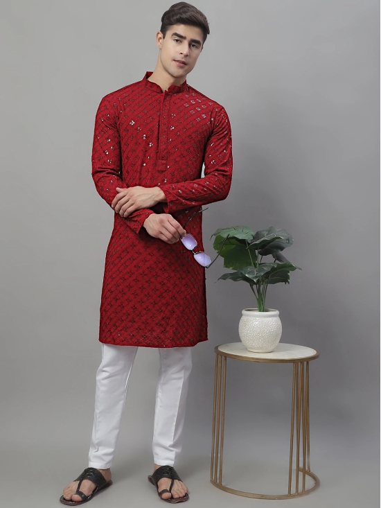 Mens Maroon Chikankari Embroidered and Sequence Kurta with Pyjama.-L / Maroon