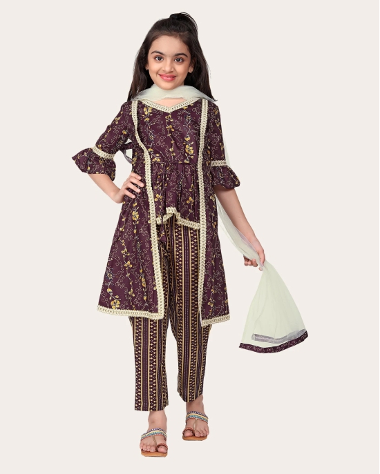 Girls Floral Print Kurta Set with Dupatta-Brown / 11 - 12 Years