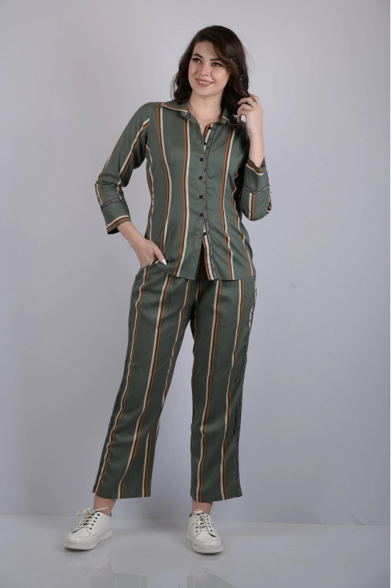 OWO THE LABEL Cord set for women stripe printed cords party wear and daily use shirt and bottom (OTL-CRD-1301)-Large / Green / Rayon Cotton