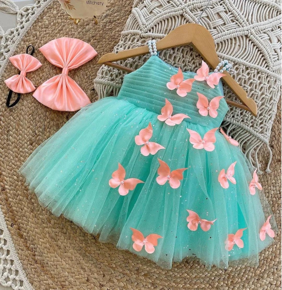 Cutedoll Mint Color Net Sparkle with butterfly kids Girls Dress-5-6 Year