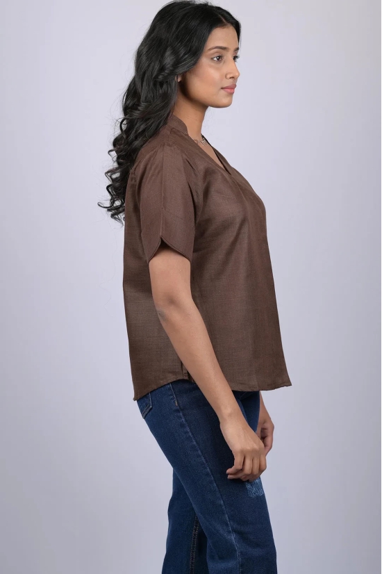 Halfsleeve top party wear western wear trending top Dark Brown Colour V-Neck Top With Collar (OTL-TPS1046)-Brown / XXL