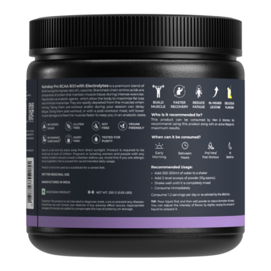 Nutrabay PRO BCAA 8:1:1 with Electrolytes - 7g Vegan BCAAs, 1000 mg Electrolytes - Intra/Post Workout Energy Drink - 250g Lemon Lime