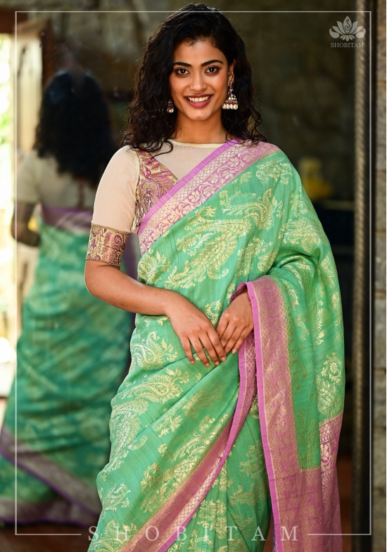 Exquisite Tussar Georgette Silk Saree in Sea Green and Lilac with Silver Paisley Jaal | SILK MARK CERTIFIED