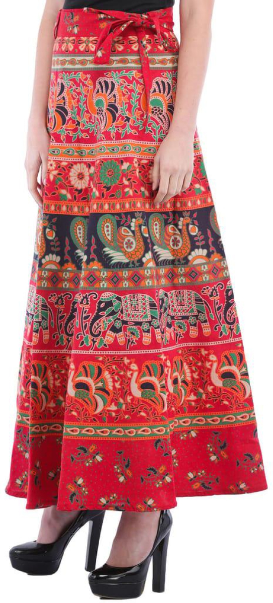 Rococco-Red Wrap-On Long Skirt from Pilkhuwa with Printed Paisleys and Elephants