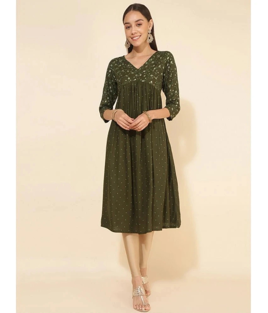 Janasya Rayon Printed Anarkali Womens Kurti - Olive ( Pack of 1 ) - None